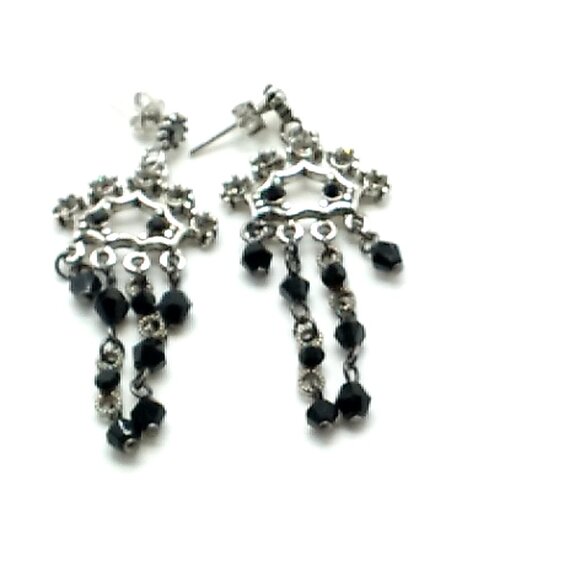 Vintage Style Black Chandelier Faceted Bead Rhinestone Silver Tone Dangle Post - Picture 4 of 7